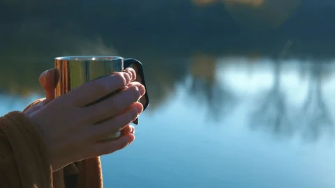 Hands resting on a wooden table beside a notebook and a cup of tea during a calm daytime pause